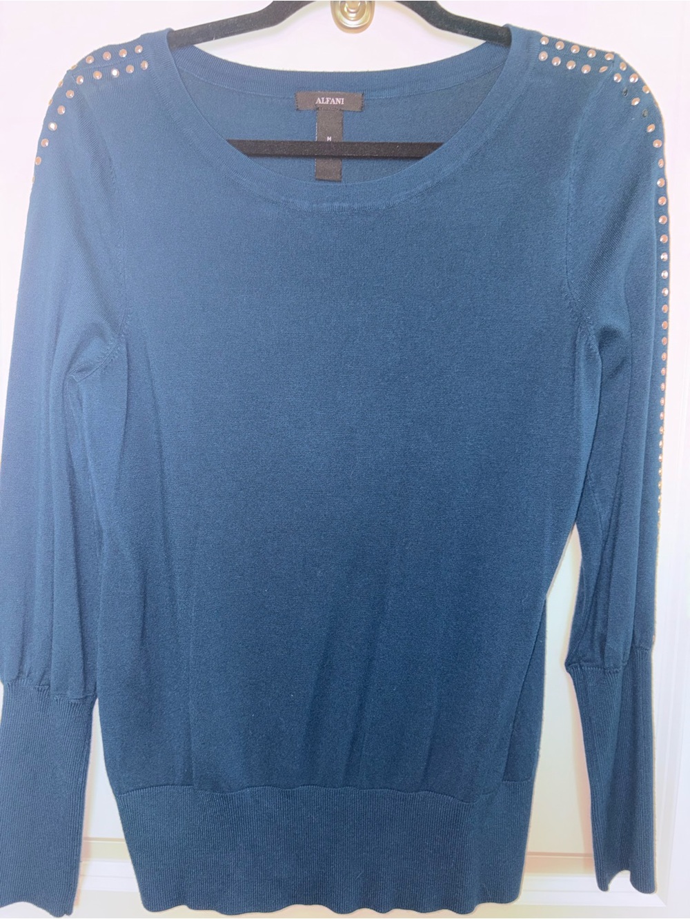 Alfani Teal Blue Stud-Accent Long Sleeve Sweater